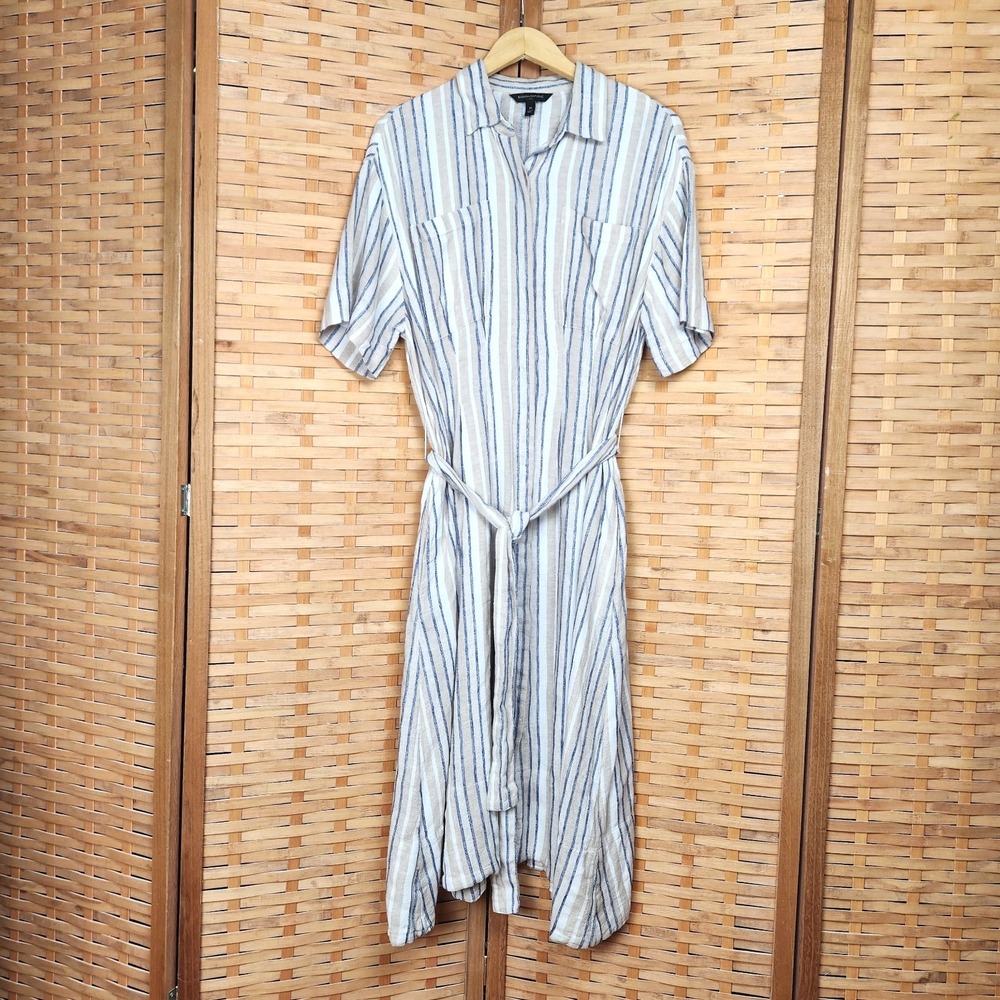 Banana Republic‎ Linen Blend Striped Midi Shirt Dress Size M White Blue Nautical